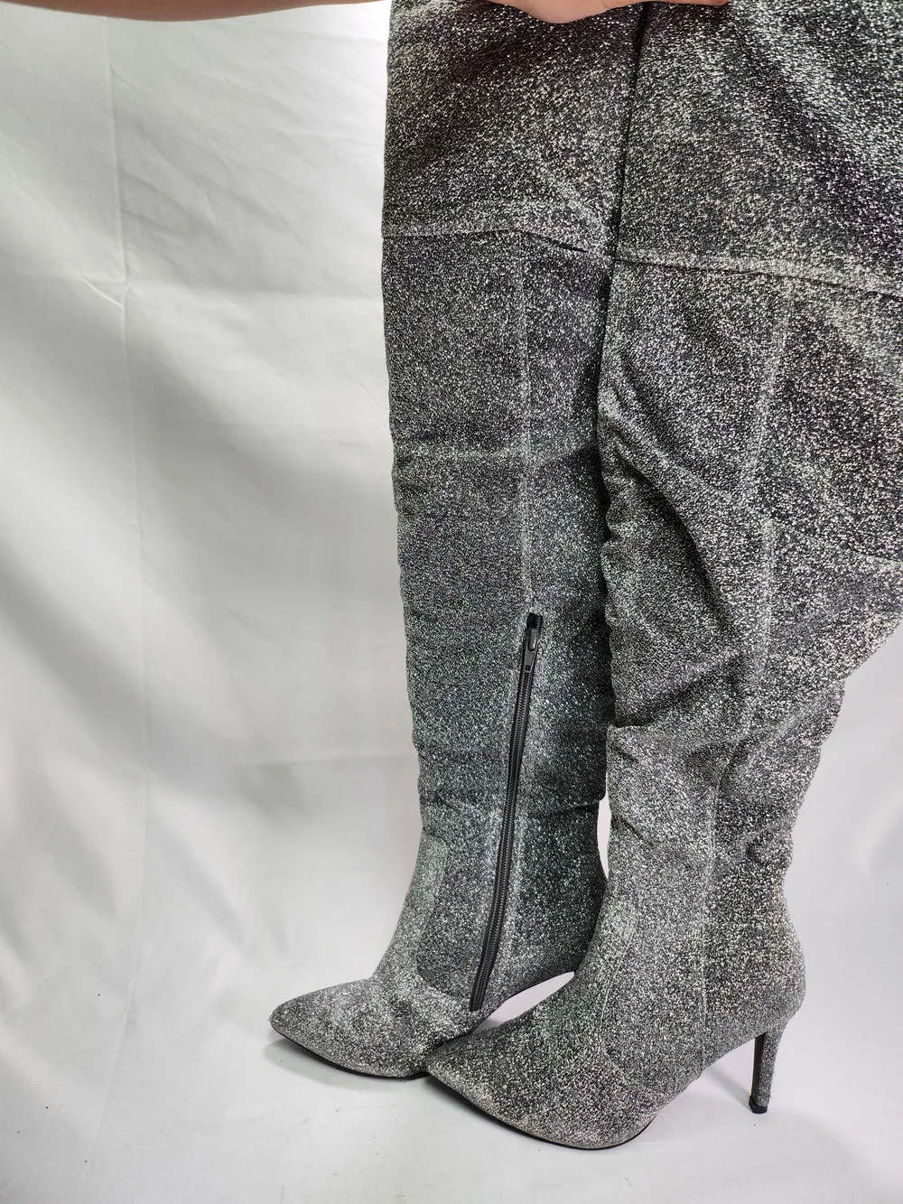 Brash Silver Glitter Over-the-Knee Pointed Toe Stiletto Boots